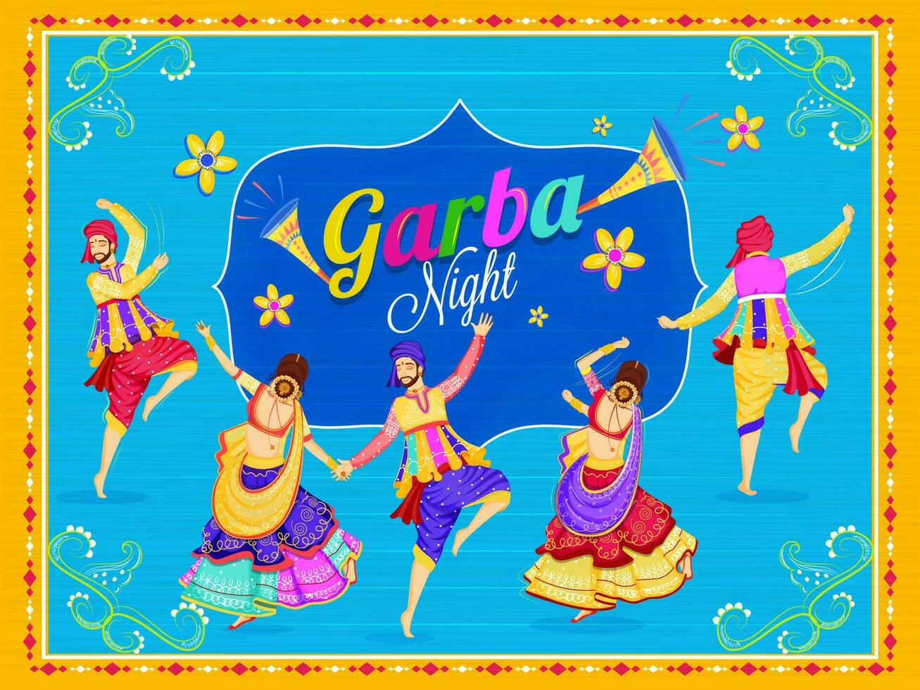 Vintage style Garba Night poster or card design with illustration of couple dancing on blue background decorated with floral design. vector