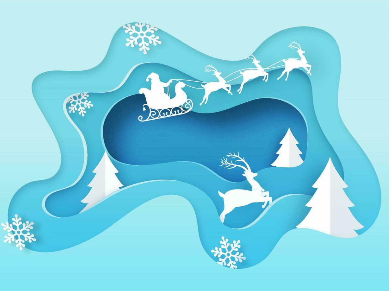 Silhouette of santa riding on sleigh with reindeer, snowflake and Xmas tree on blue paper layer cut background for Merry Christmas celebration. vector