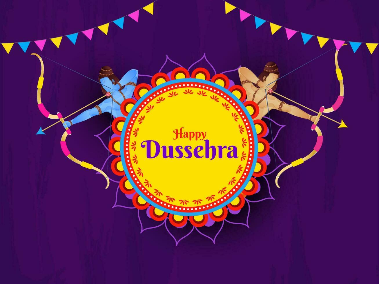Purple banner or poster design with illustration of Hindu Mythological Lord Rama and Lakshman warrior for Happy Dussehra celebration. vector