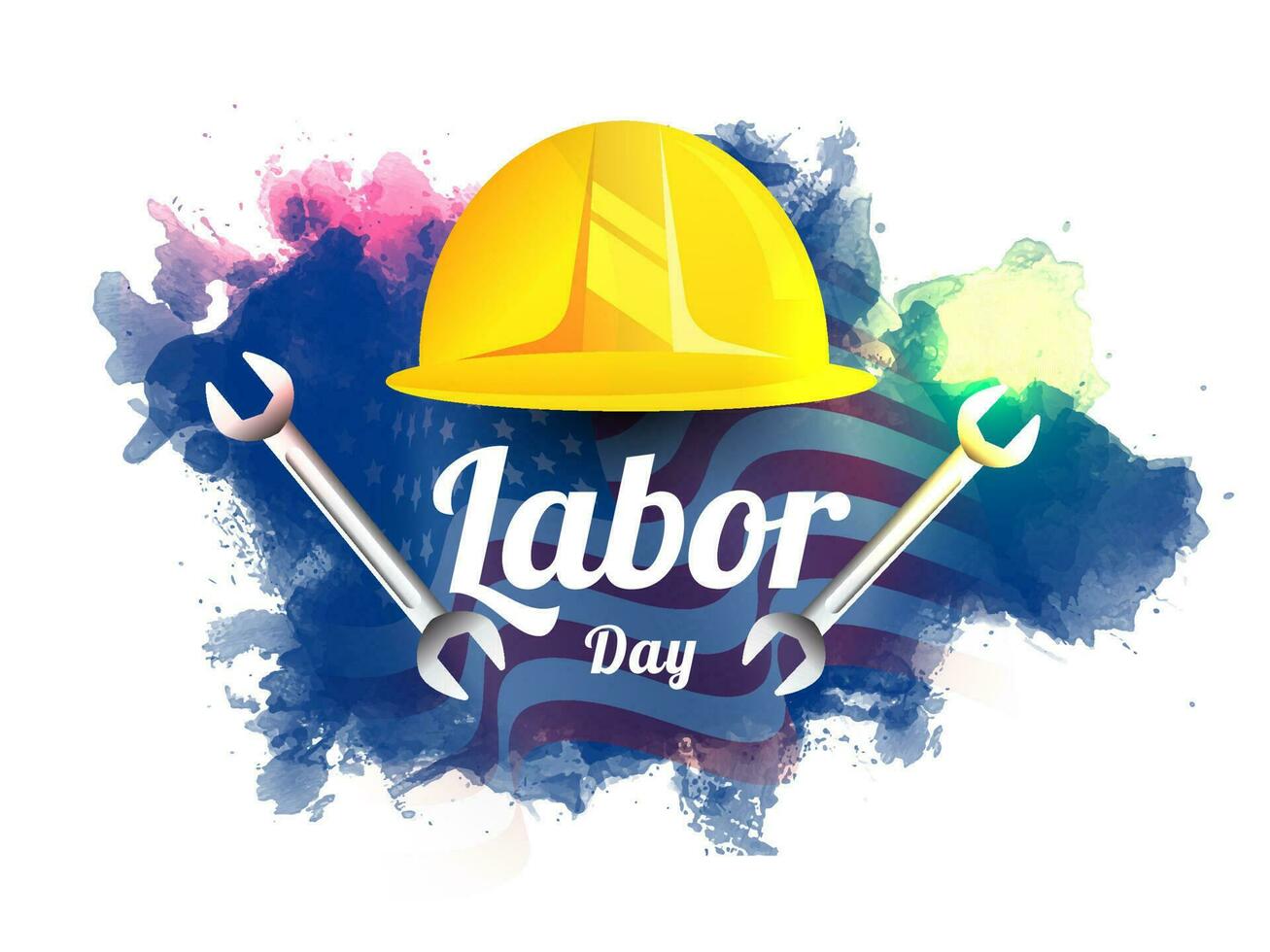 Labor Day banner or poster design with worker helmet and wrench tool on American wavy flag and watercolor splash effect background. vector