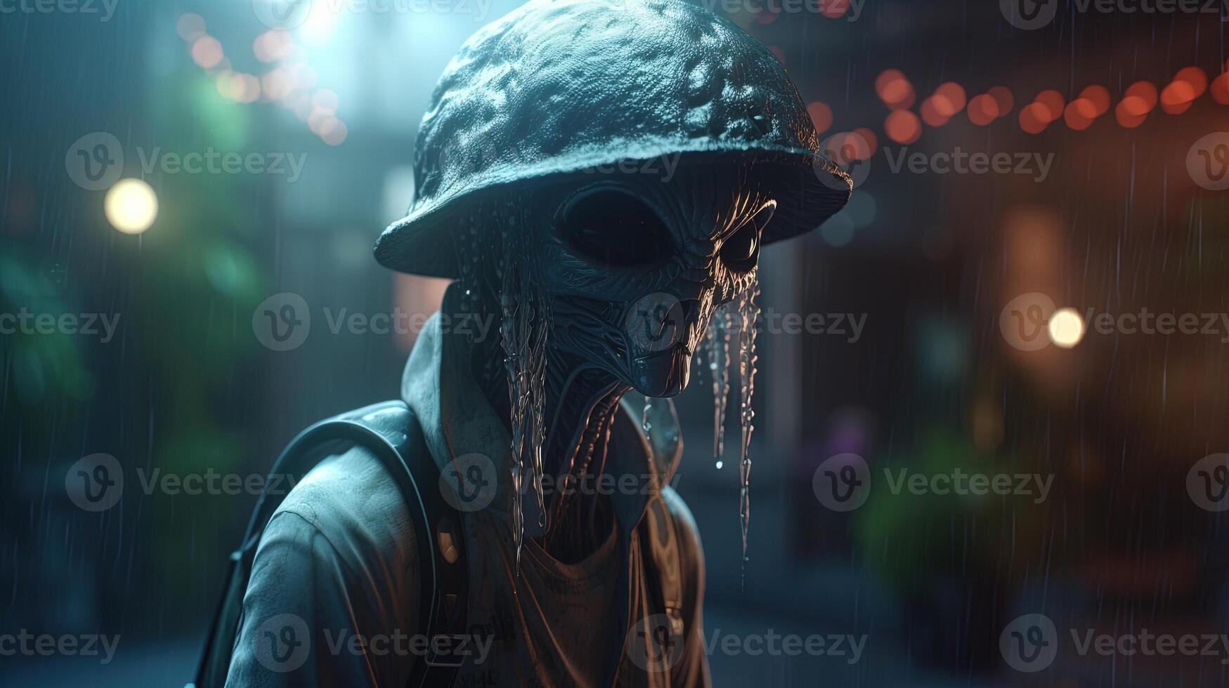 alien wearing bucket hat, digital art illustration, photo