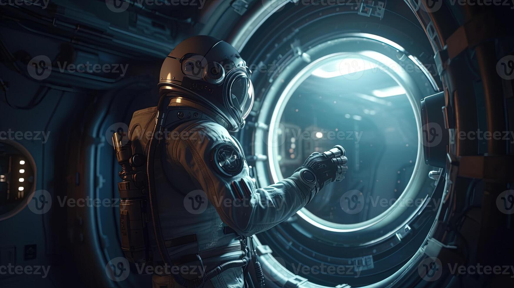 astronaut porthole droid observe space, digital art illustration, photo