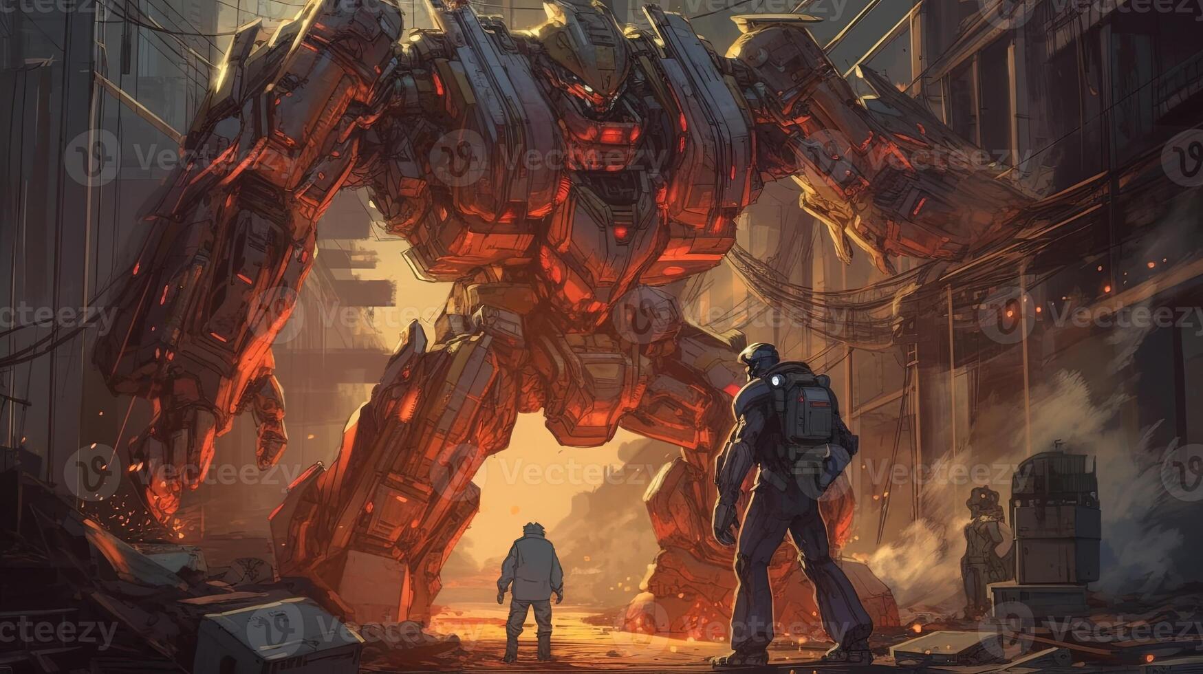person face off giant robot, digital art illustration, photo
