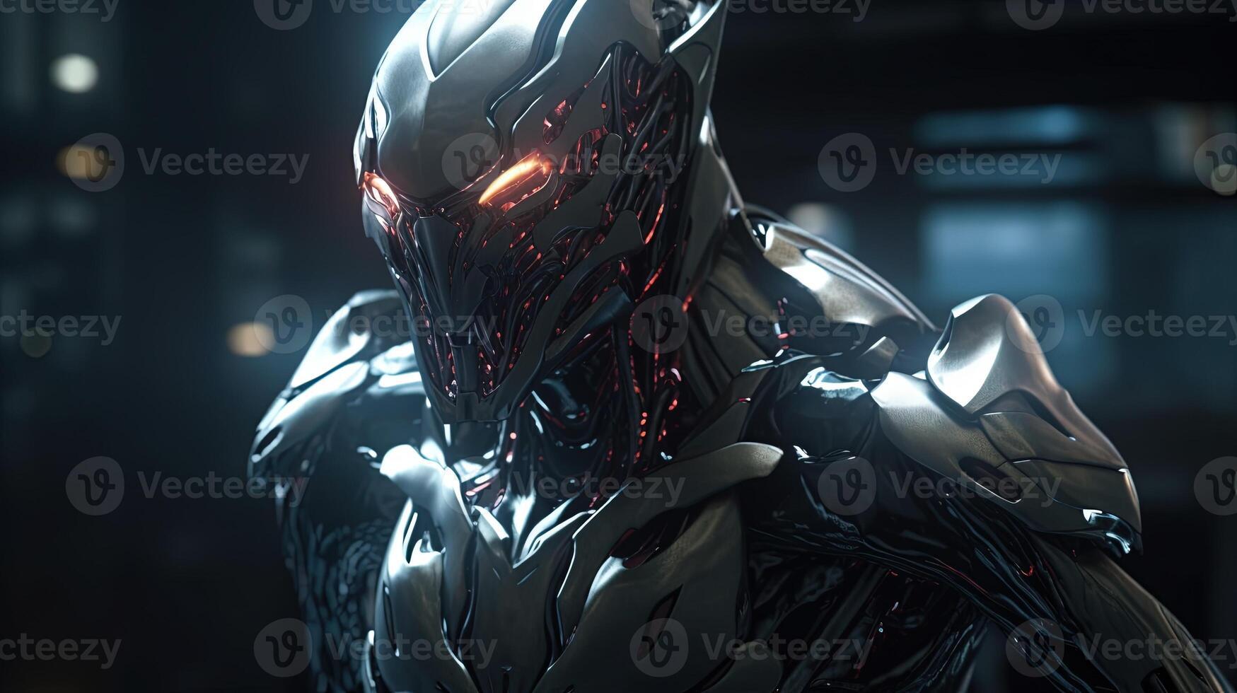 fierce and intimidating alien warrior with cybernetic, digital art illustration, photo