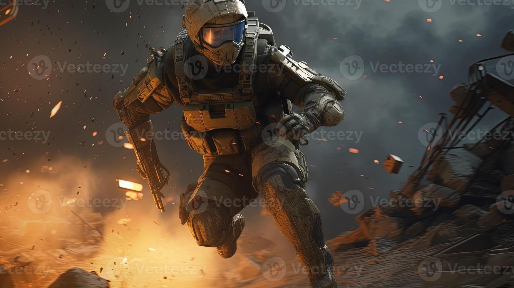 future soldier leaps over debris, digital art illustration, photo