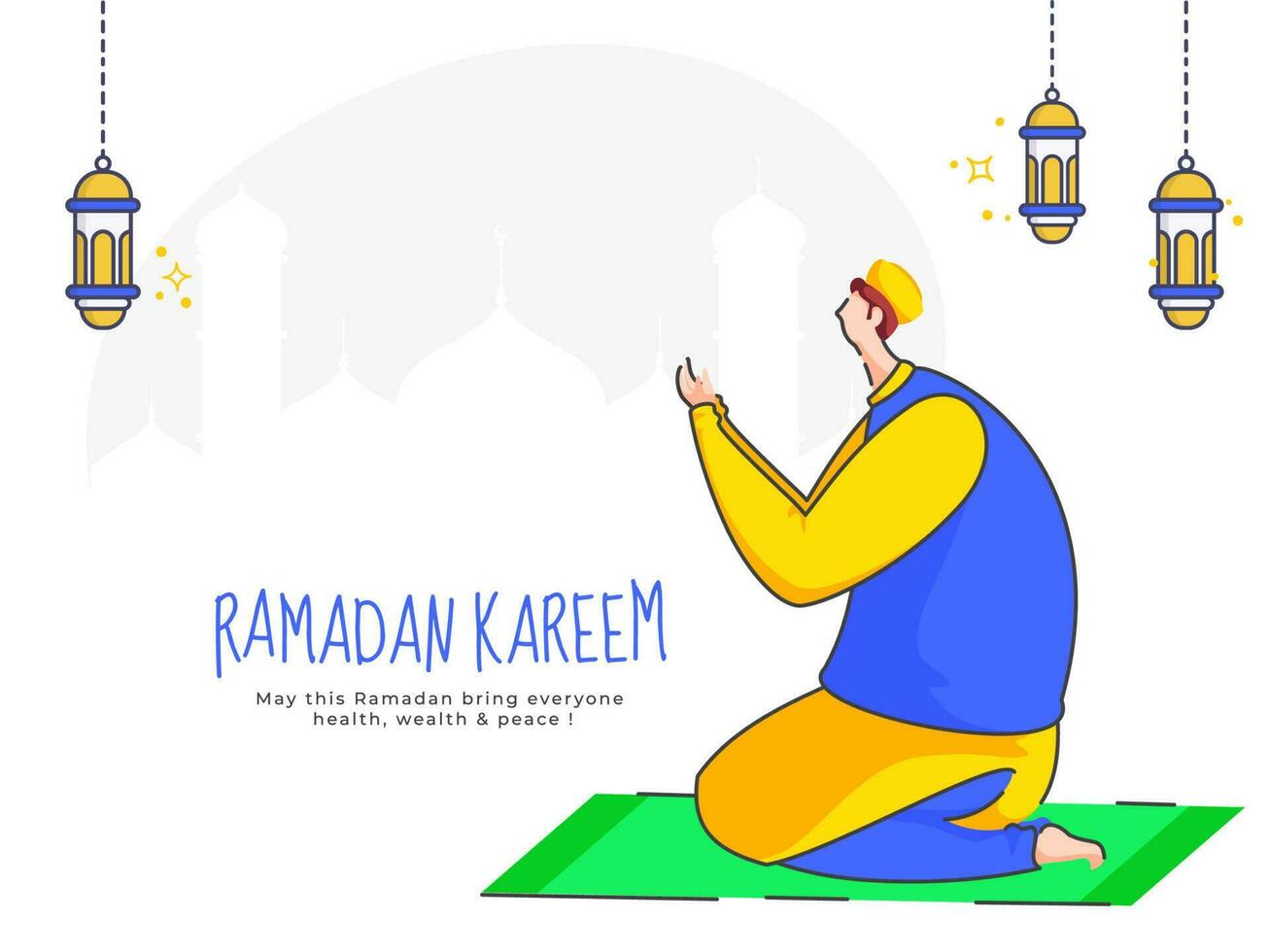 Illustration Of Muslim Man Offering Namaz With Hanging Lanterns On White Silhouette Mosque Background For Ramadan Kareem. vector