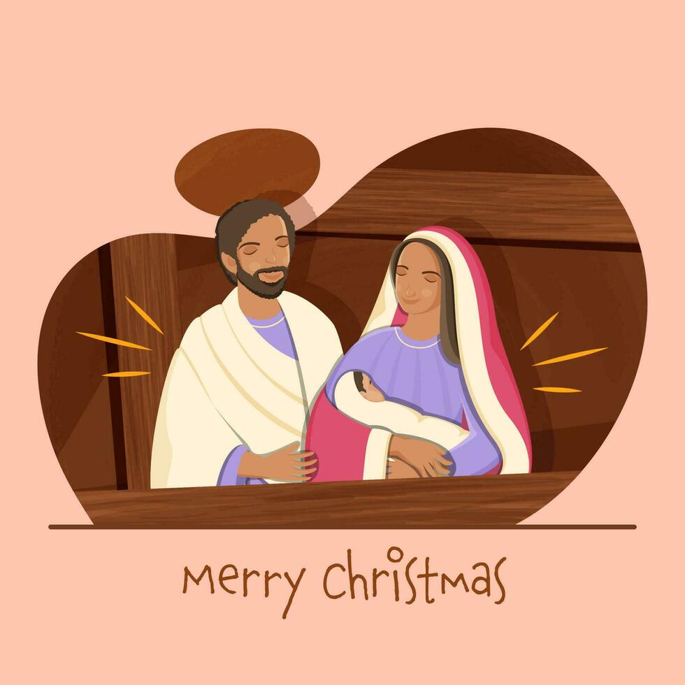 ilustración de S t Joseph y el Virgen María participación infantil bebé Jesús en melocotón y marrón de madera antecedentes para alegre Navidad celebracion. vector