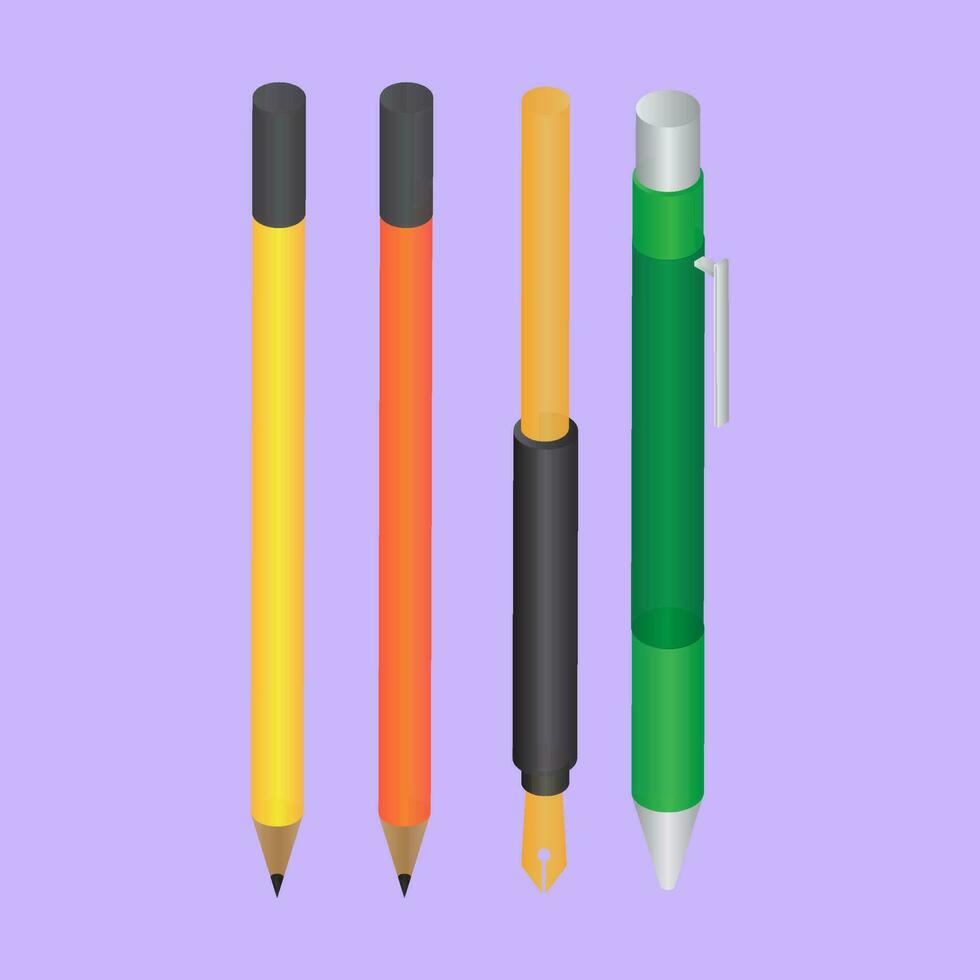 3D illustration of pen, ink pen and pencil on purple background. vector