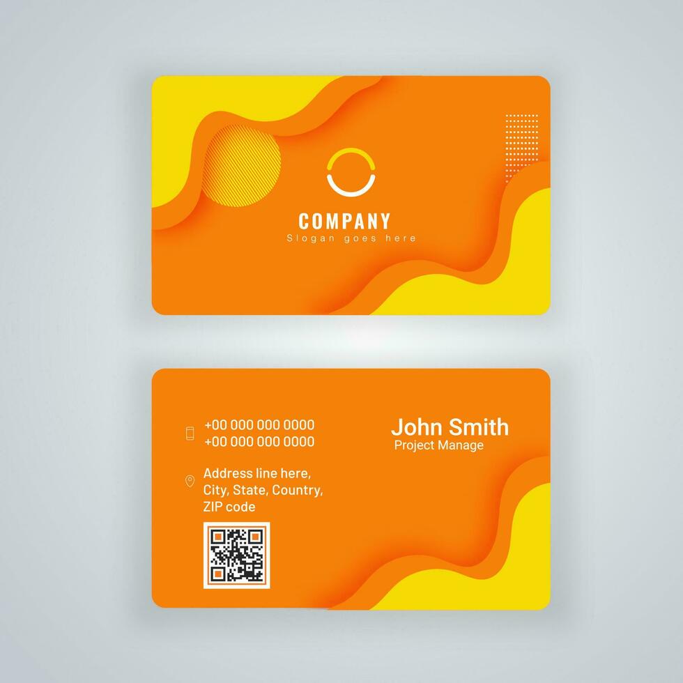 Front and back view of business card or visiting card design in orange and yellow color. vector