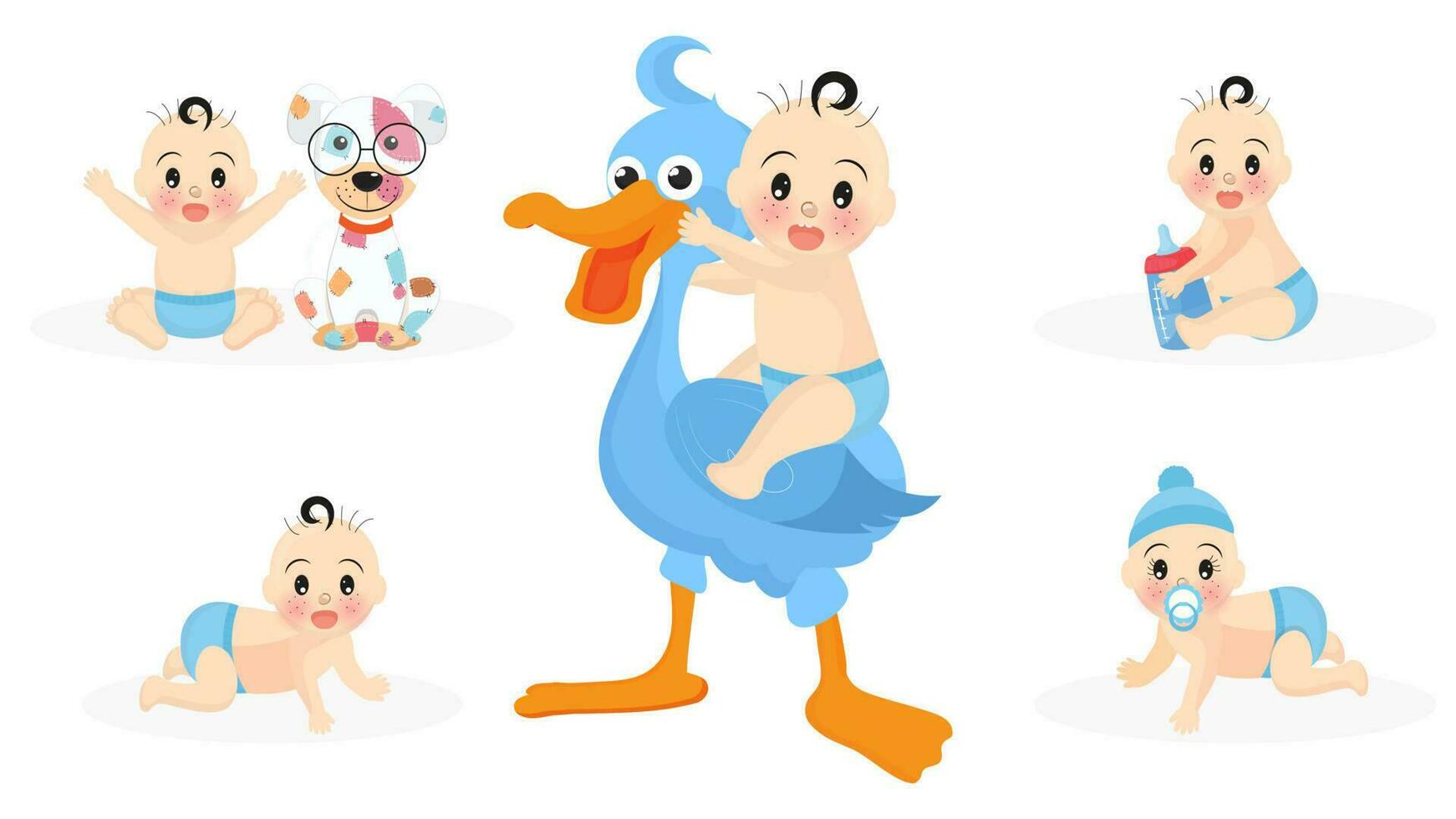 Set of baby character in different activity with toys such as dog and stork on white background for Baby Shower concept. vector