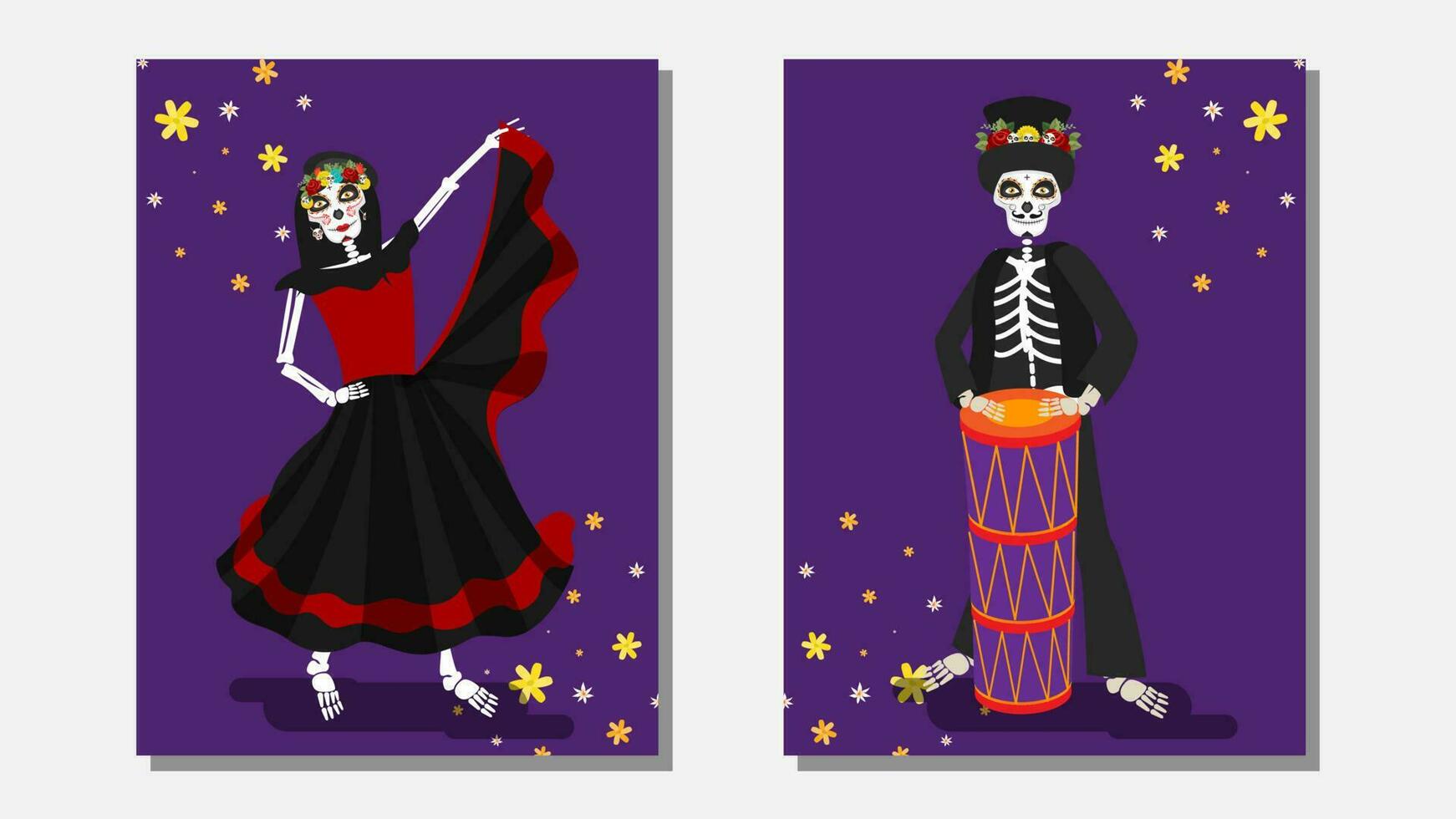 Illustration of catrina dancing and skeleton man holding drum on purple background in two option. vector
