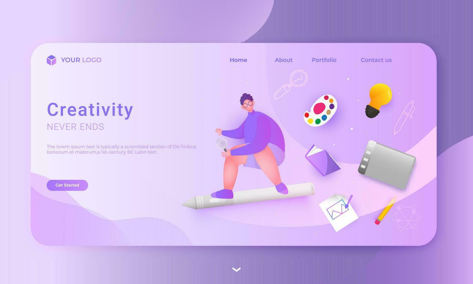 Creative Never Ends of landing page design with man character holding magnifying glass, color palette, book, light bulb, graphic tablet and using painting brush on paper. vector