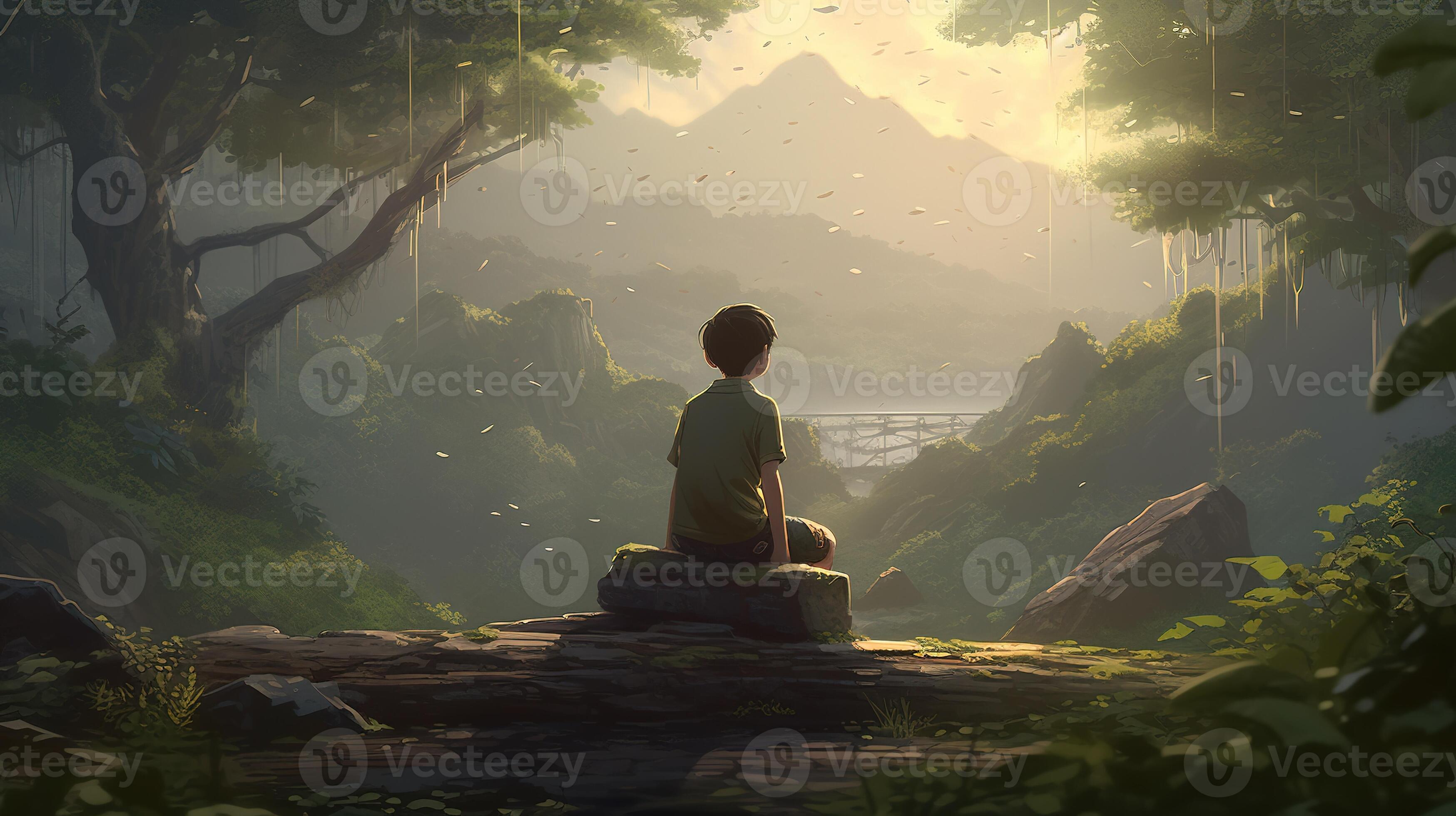 young boy exploring nature, digital art illustration, 23433812 Stock Photo at Vecteezy