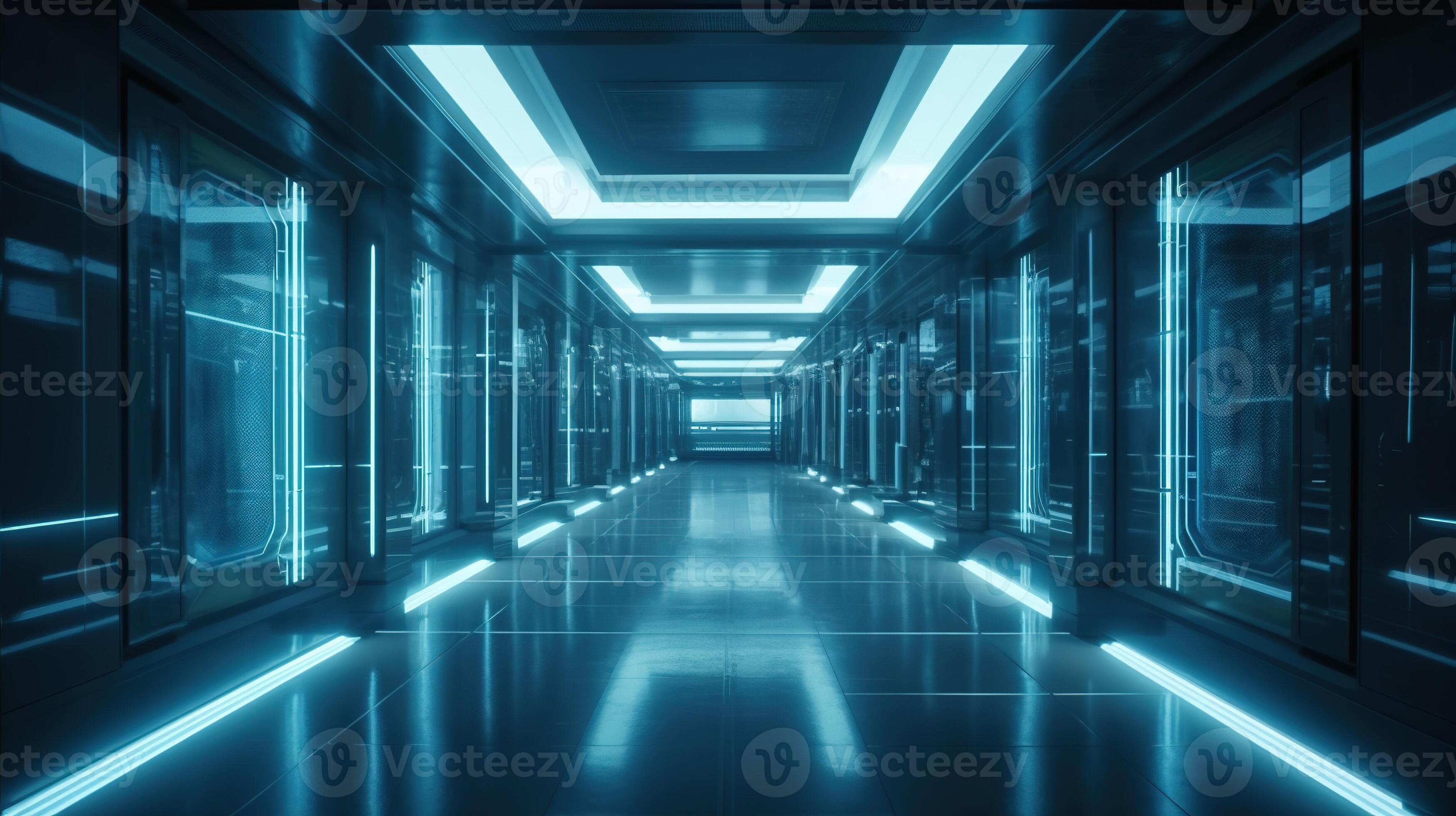 blue glass panel corridor, digital art illustration, Generative AI