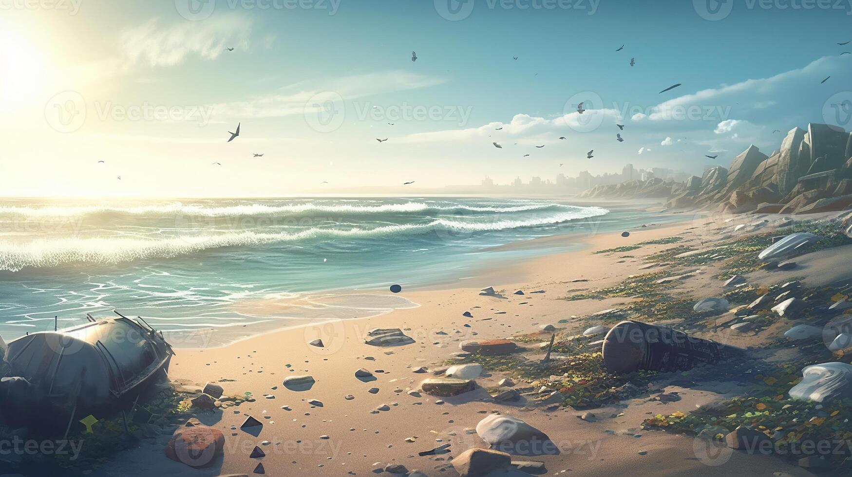 beautiful sunny beach ruined by plastic rub, digital art illustration, photo
