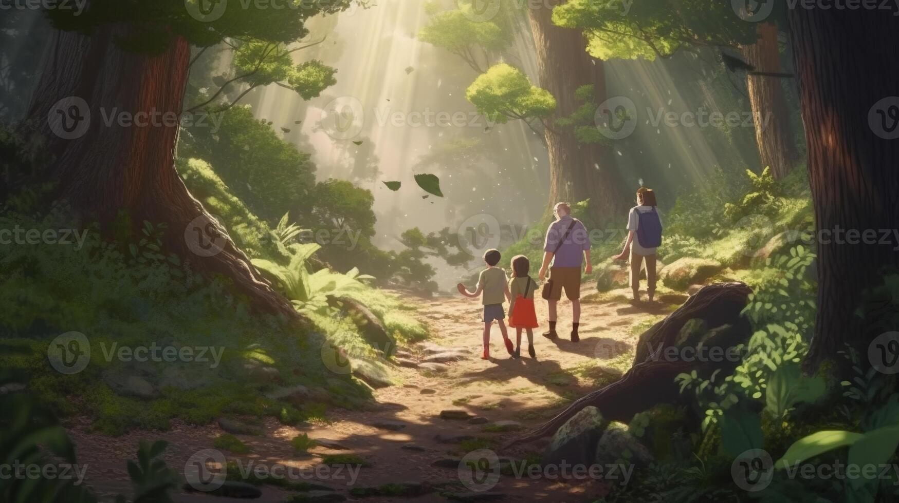 family in nature forest, digital art illustration, photo