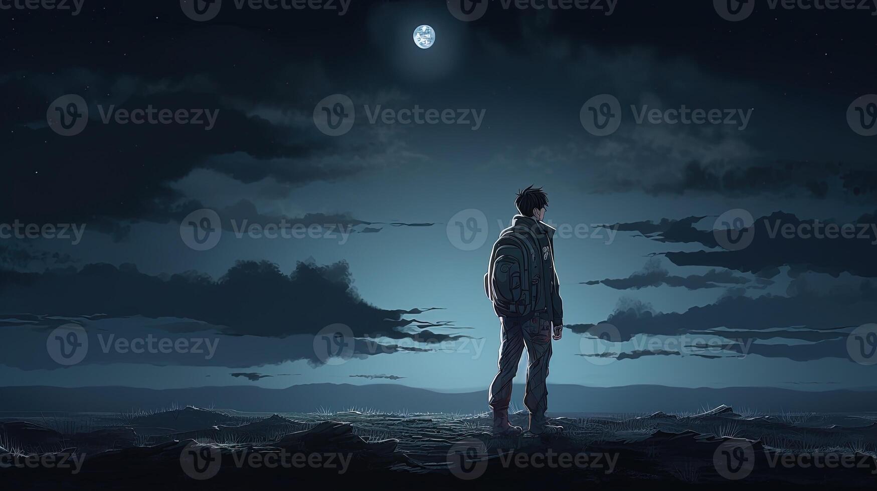 lonely young man in dark, digital art illustration, photo