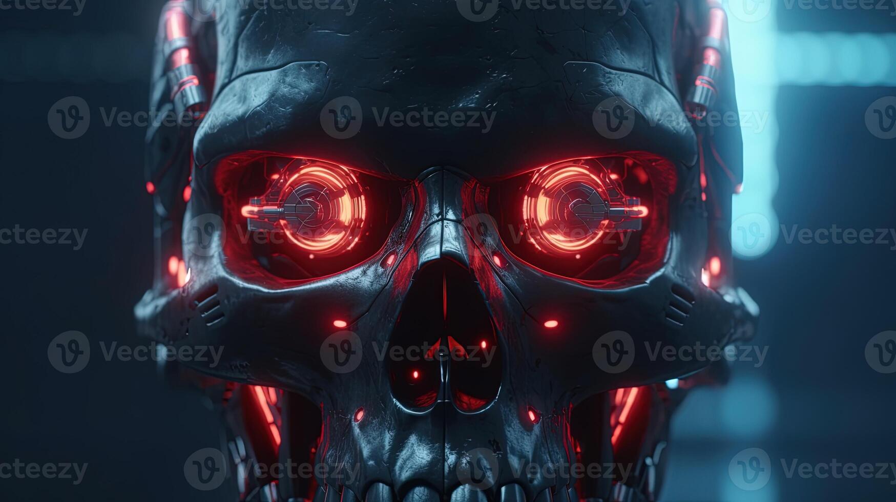 sci fi human skull with glowing red eyes, digital art illustration, photo