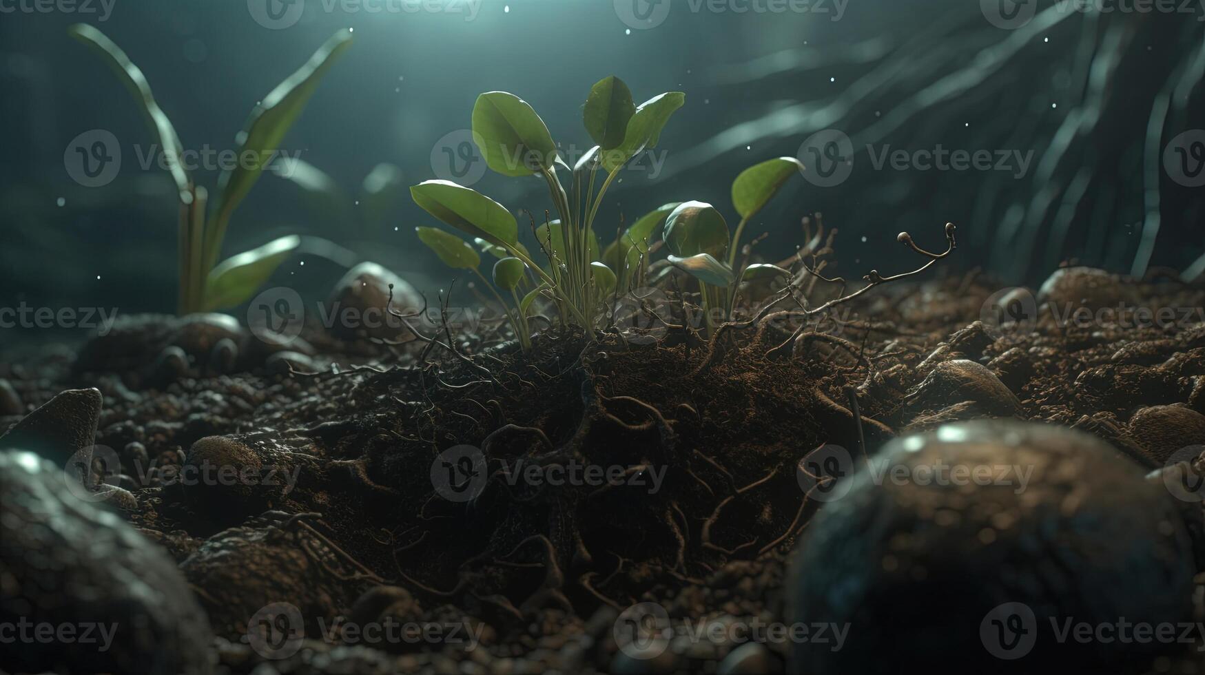 soil with seedling sprouts, digital art illustration, photo