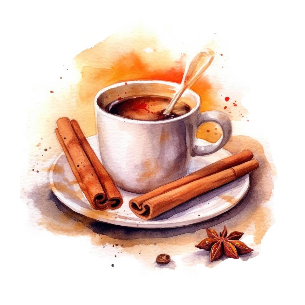 Watercolor coffee with cinnamon. Illustration photo