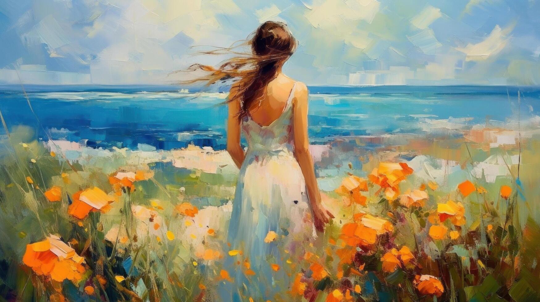 Impressionist painting girl in meadow. Illustration photo