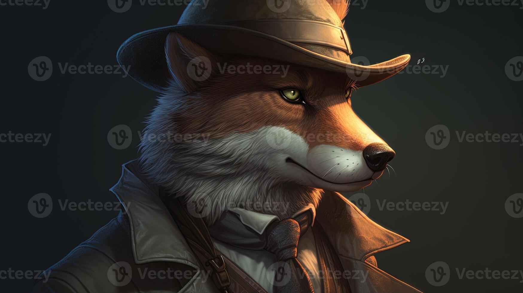 detective wolf, digital art illustration, photo