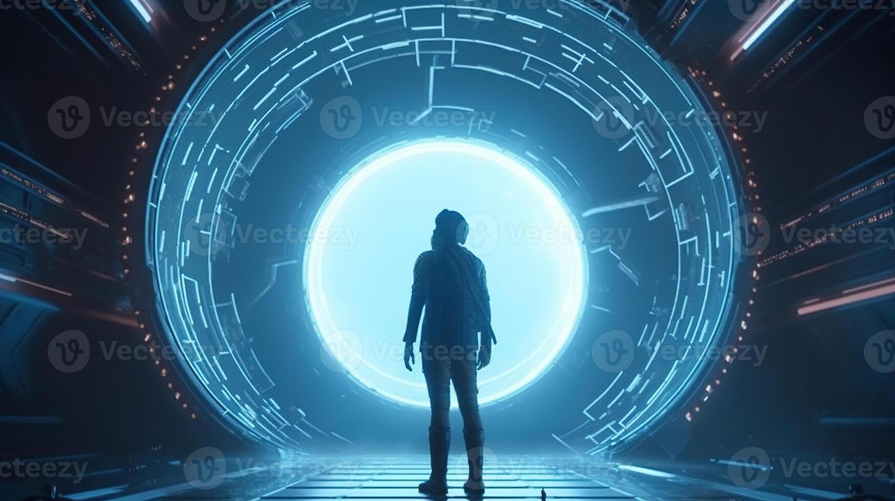 heroic character in futuristic portal, digital art illustration, photo