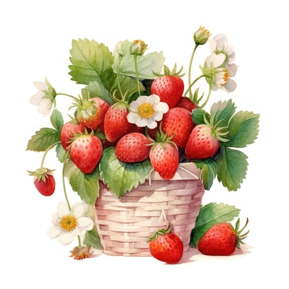 Watercolor strawberries in basket. Illustration photo