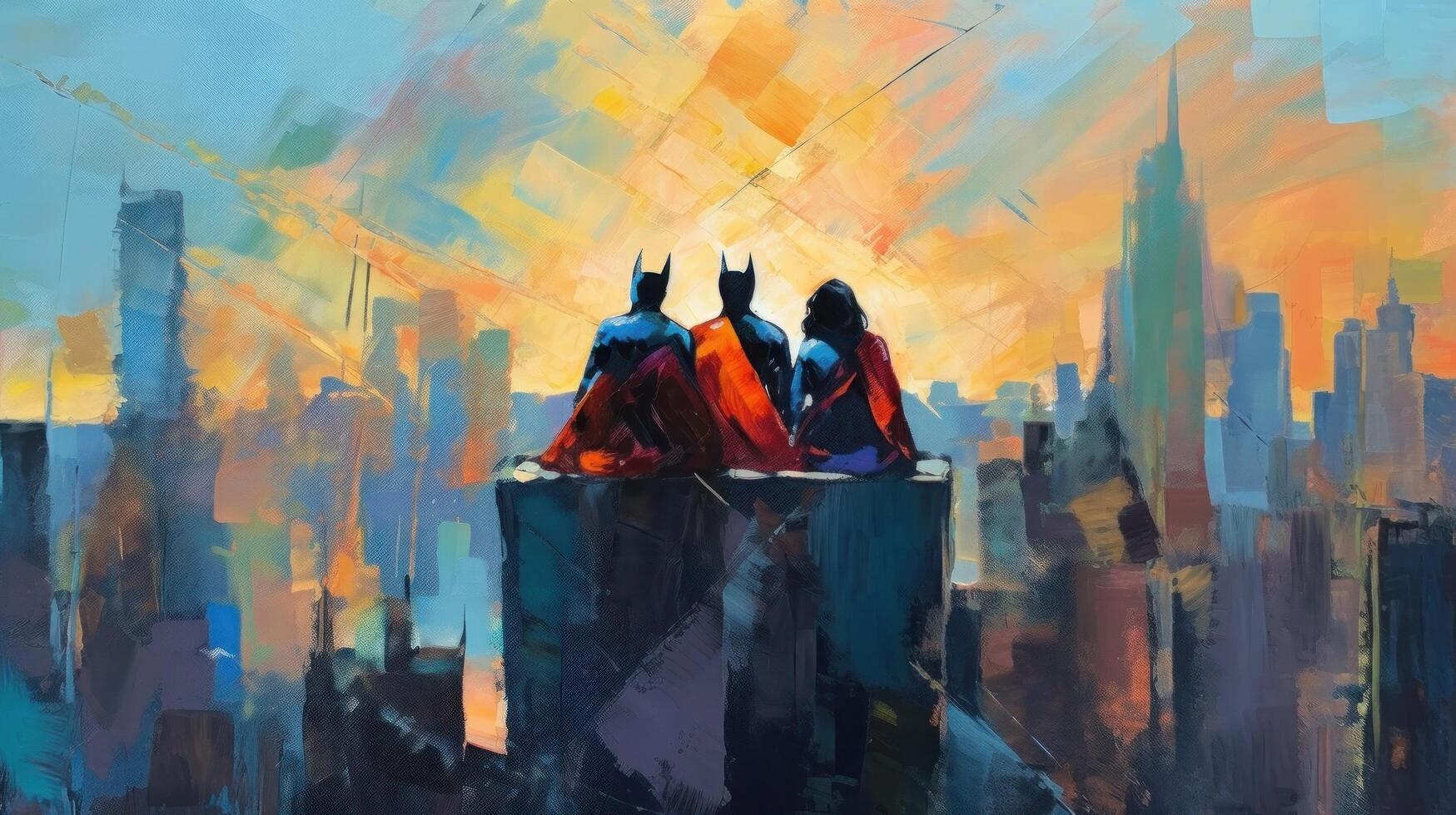 Impressionist painting superheroes in city. Illustration photo