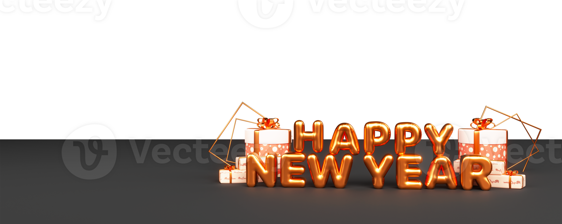 3d golden Ballon glücklich Neu Jahr Schriftart mit Geschenk Boxen. png