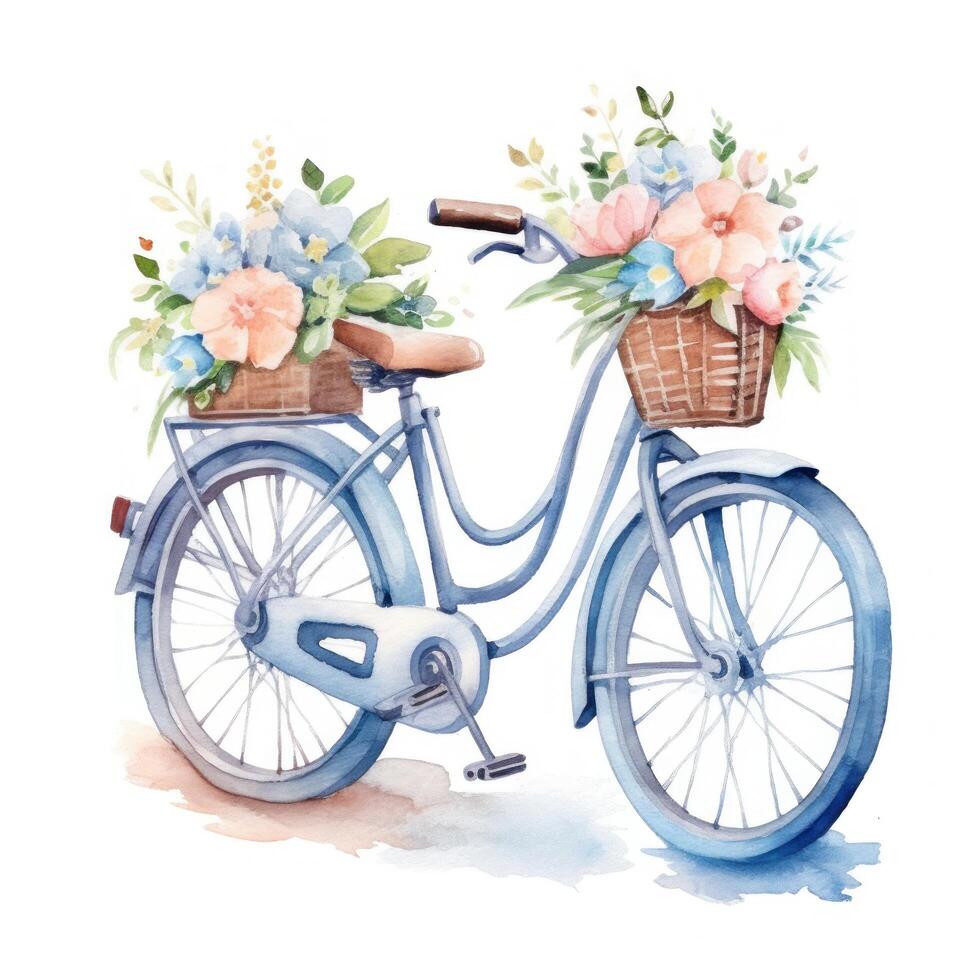 Cute watercolor bicycle with flowers. Illustration photo