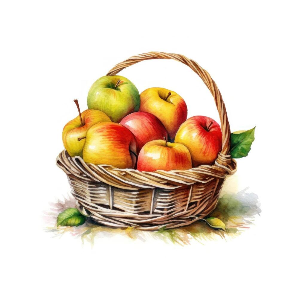 Watercolor apples in basket. Illustration photo