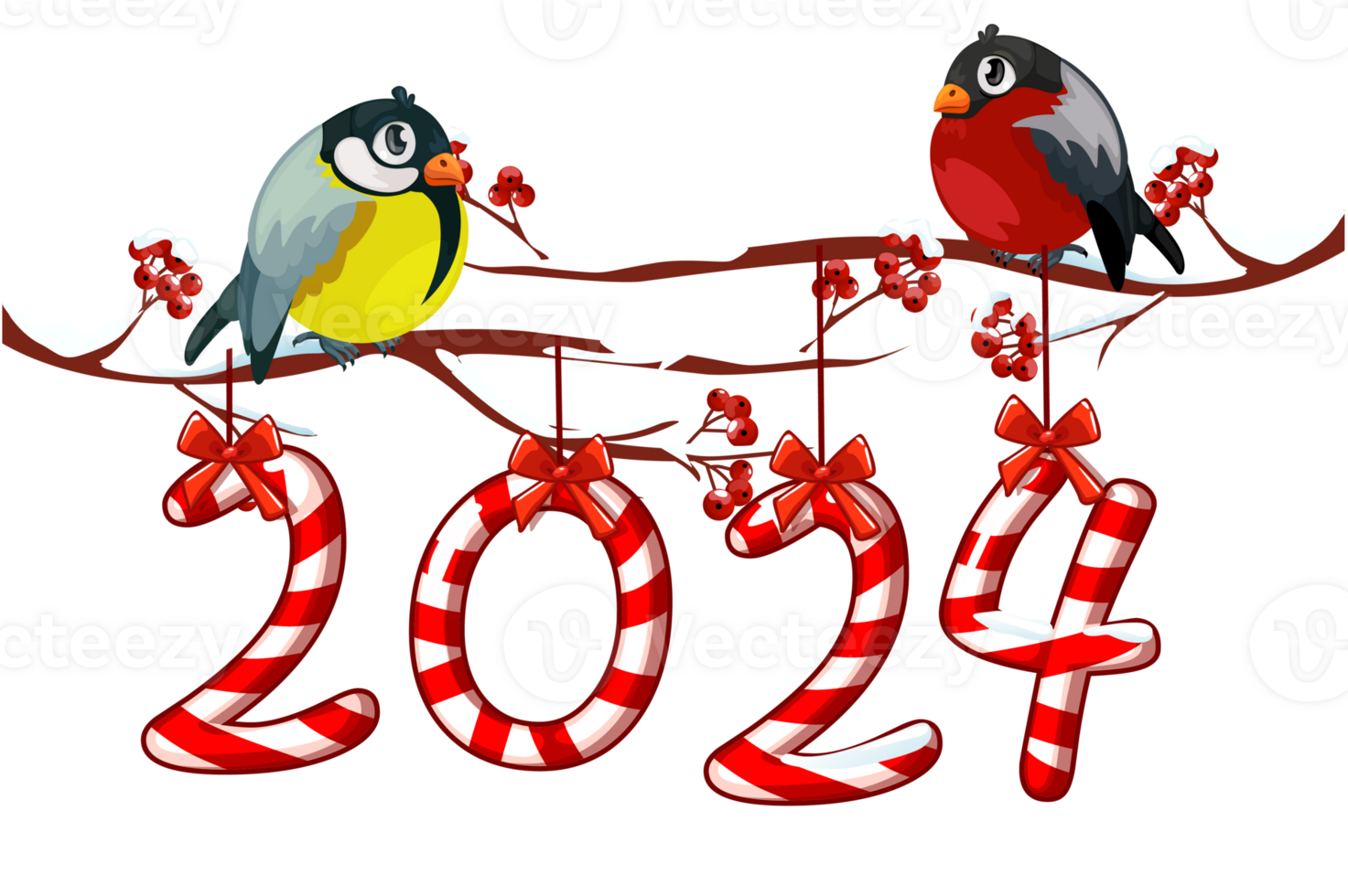 Greeting card or poster Happy New Year 2024 with candy. Cartoon bird tit and bullfinch on branch 2024 png