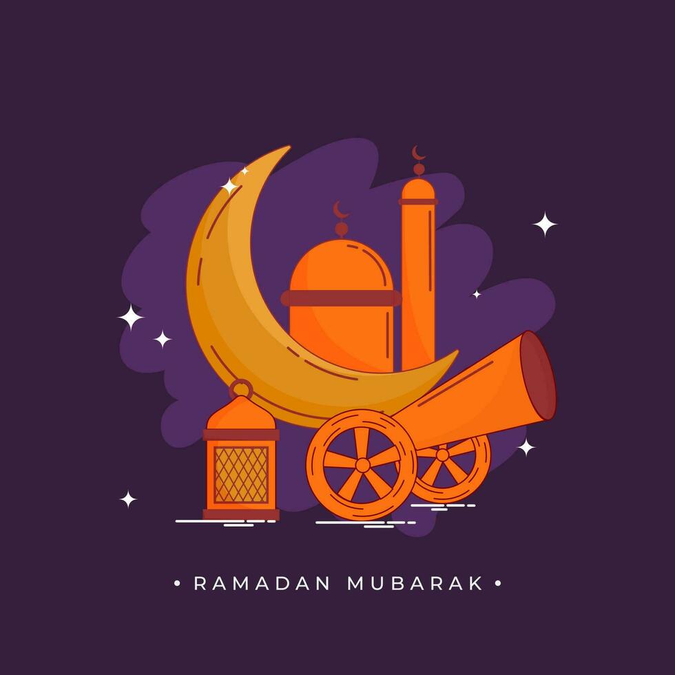 Ramadán Mubarak concepto con creciente luna, cañón, linterna y mezquita en púrpura antecedentes. vector