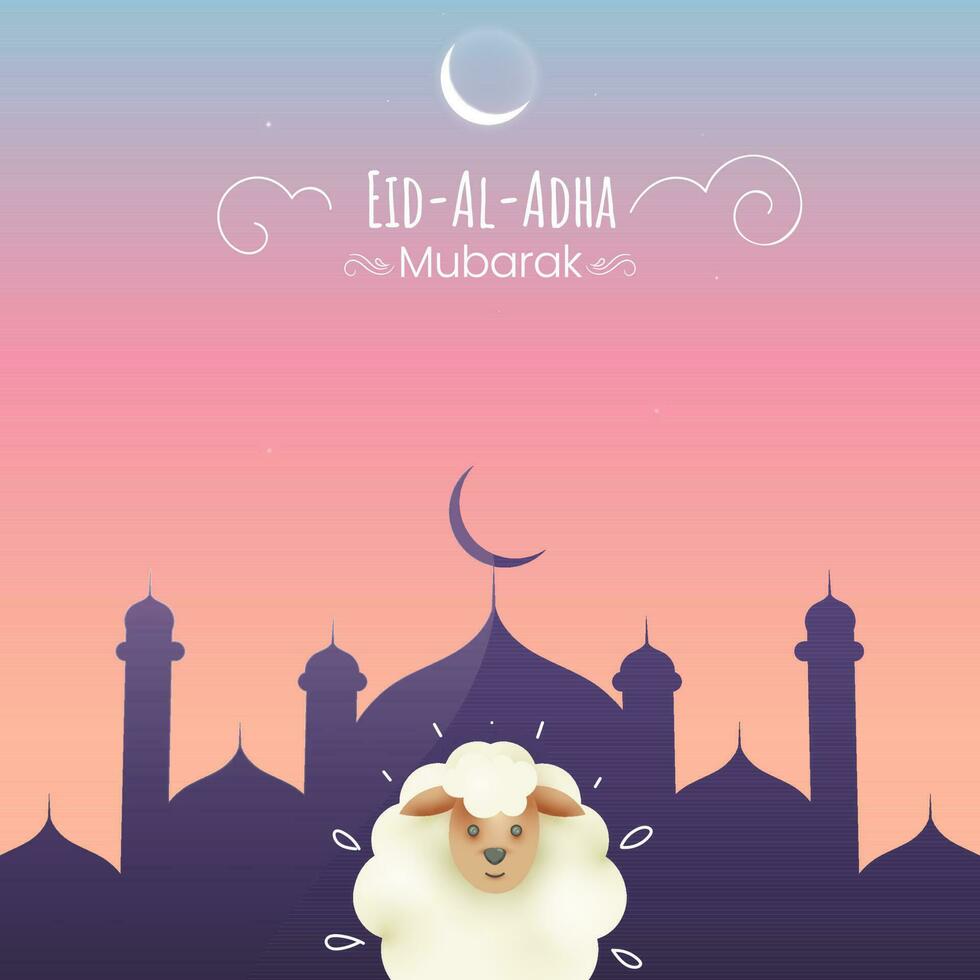 Eid-Al-Adha Mubarak Concept With Cartoon Sheep, Purple Mosque On Gradient Background. vector