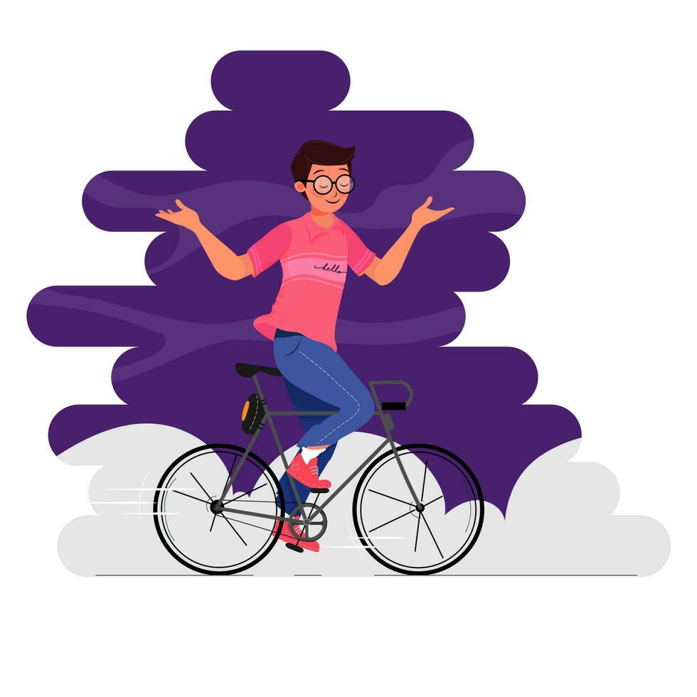 Young Boy Riding Bicycle On Abstract Background. vector