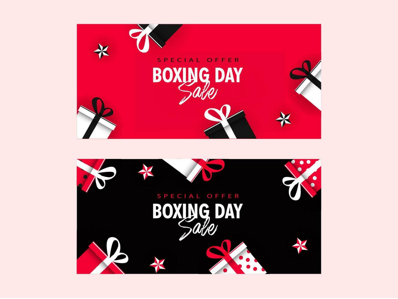 Boxing Day Sale banner design decorated with gift boxes and stars in two color option. vector