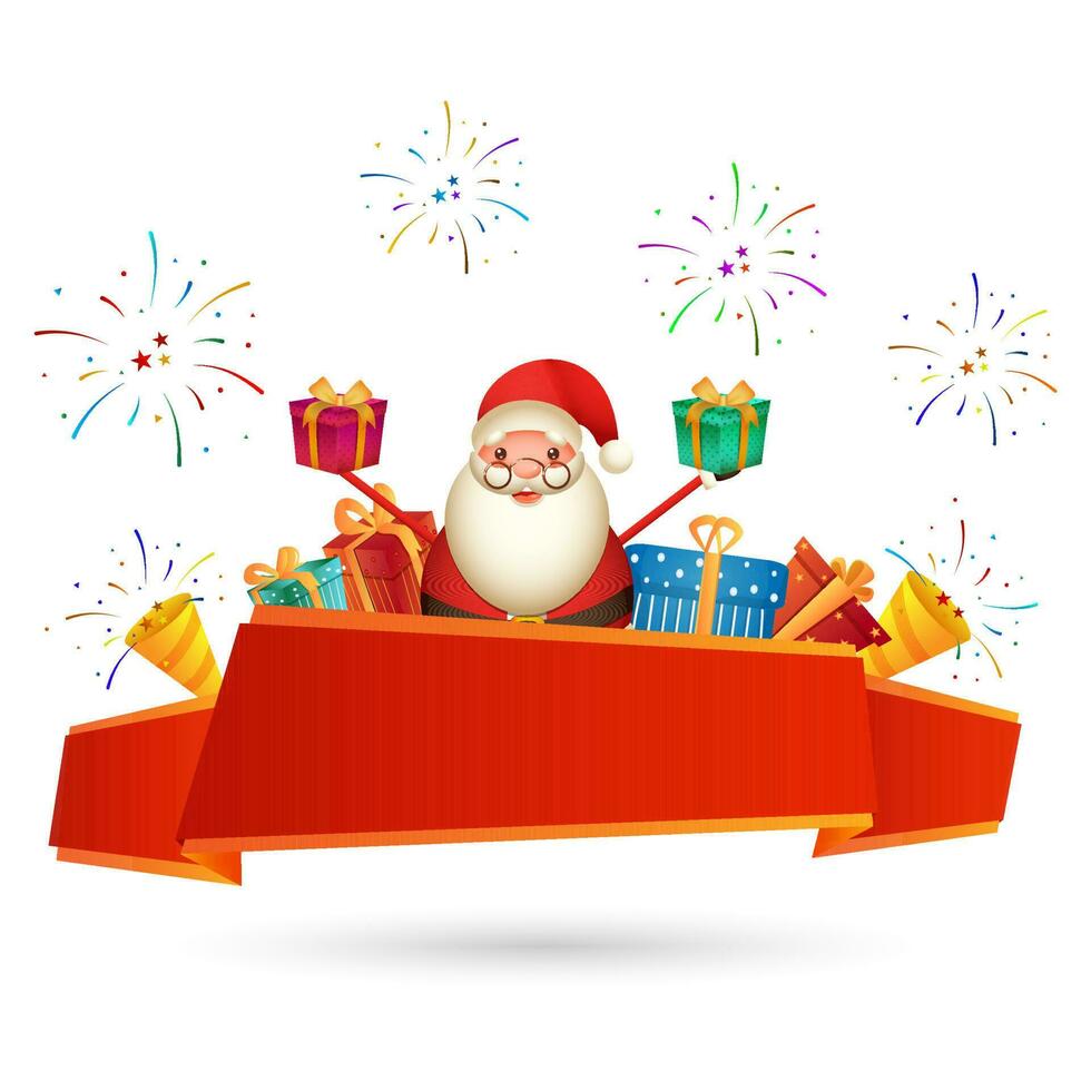 Illustration of santa claus holding gift boxes and party popper on white fireworks background with empty red ribbon given for your message. vector