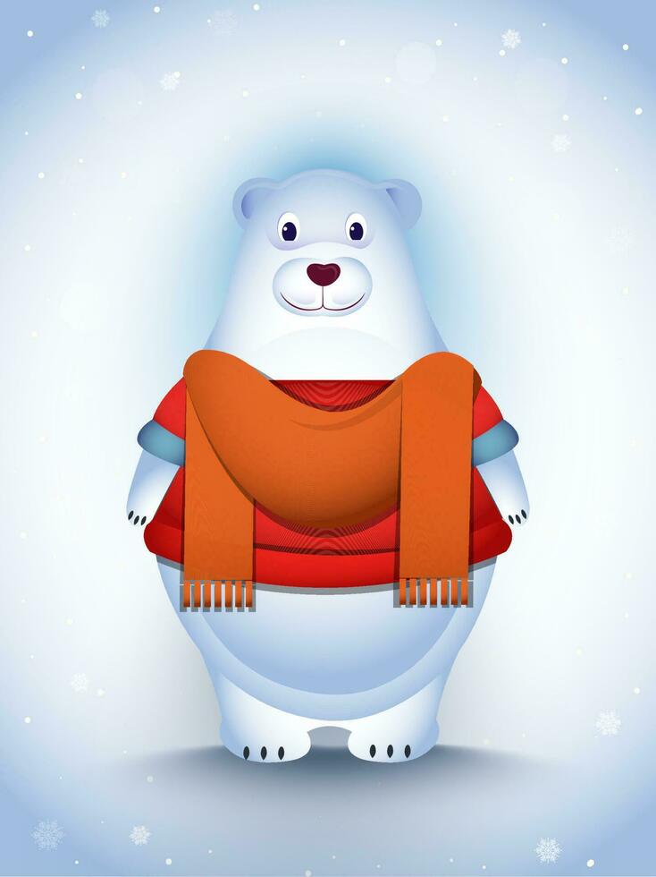 Cute polar bear character wearing clothes on snowfall background. vector