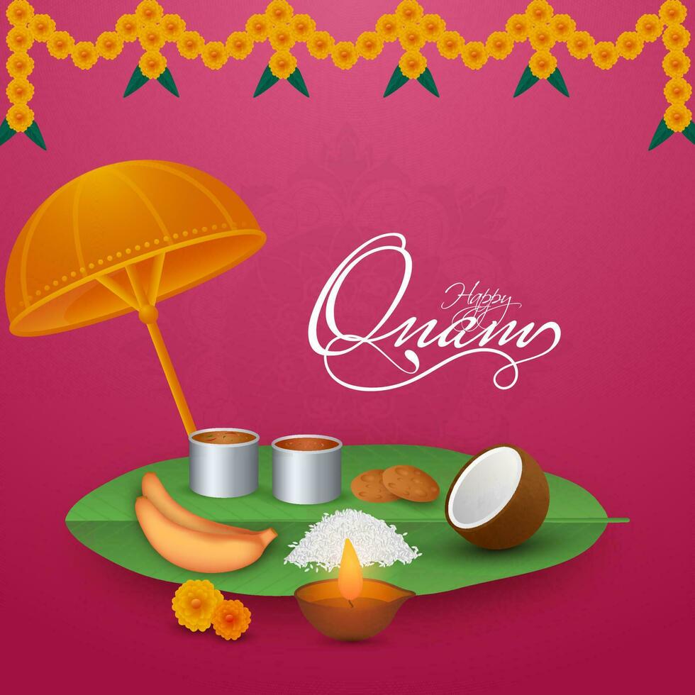 Happy Onam Celebration Concept With Sadhya Meal, Oil Lamp Diya And Maveli Olakkuda Umbrella On Pink Background. vector