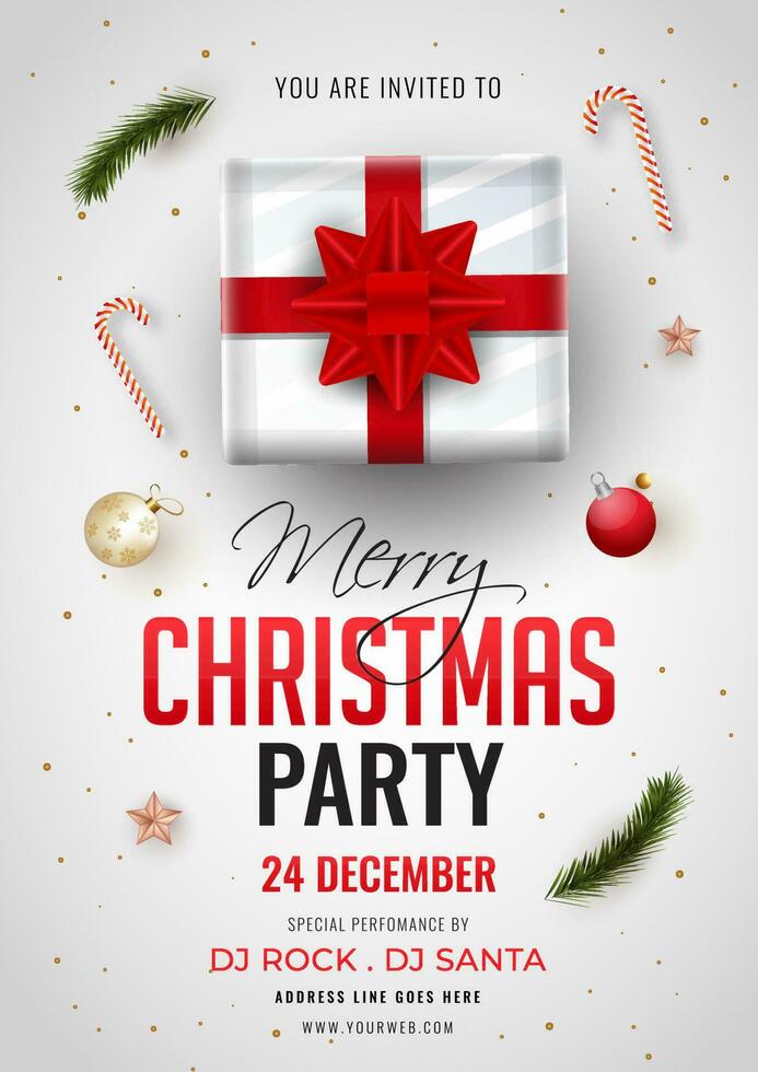 Merry Christmas Party invitation card design with top view of gift box, bauble, candy cane and event details on white background. vector