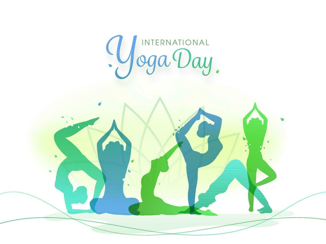 International Yoga Day Font with Silhouette Women Practicing Yoga in Different Poses on Abstract Lotus Flower Background. vector