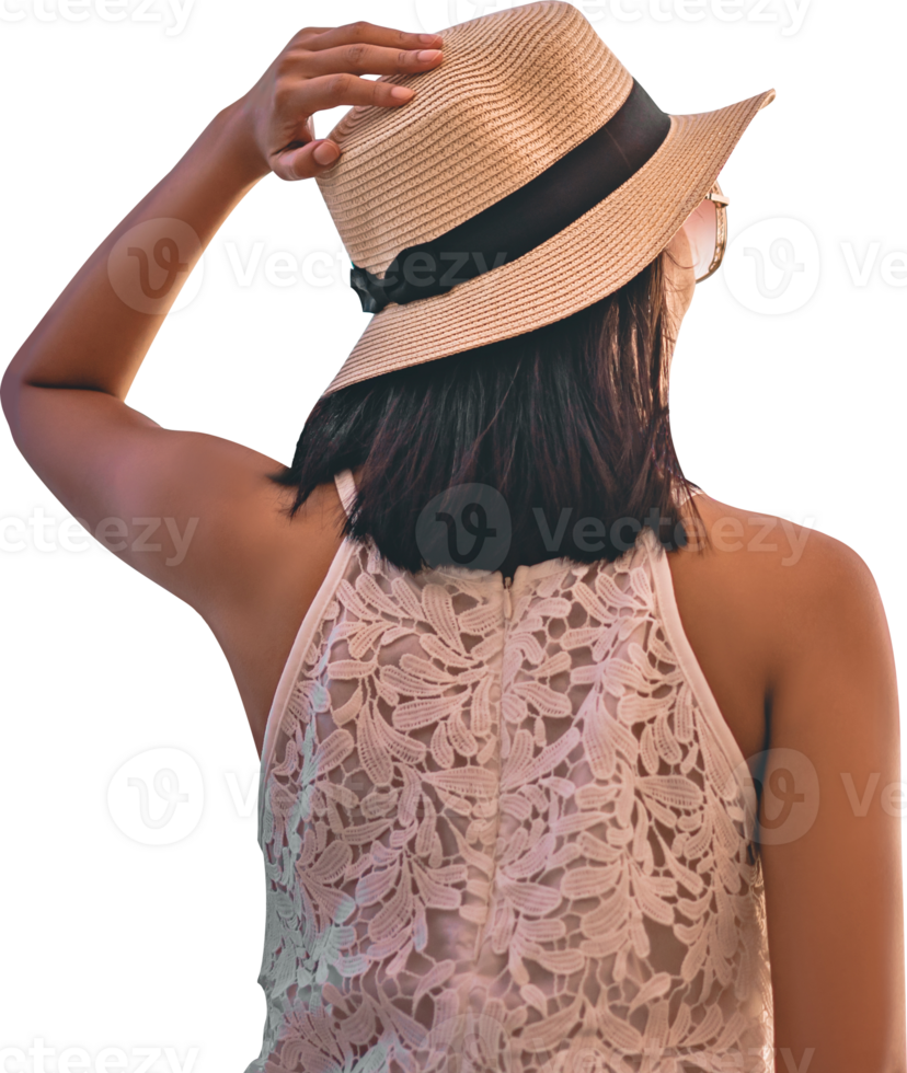 Rear view of adult traveler woman with hat isolated transparent background png