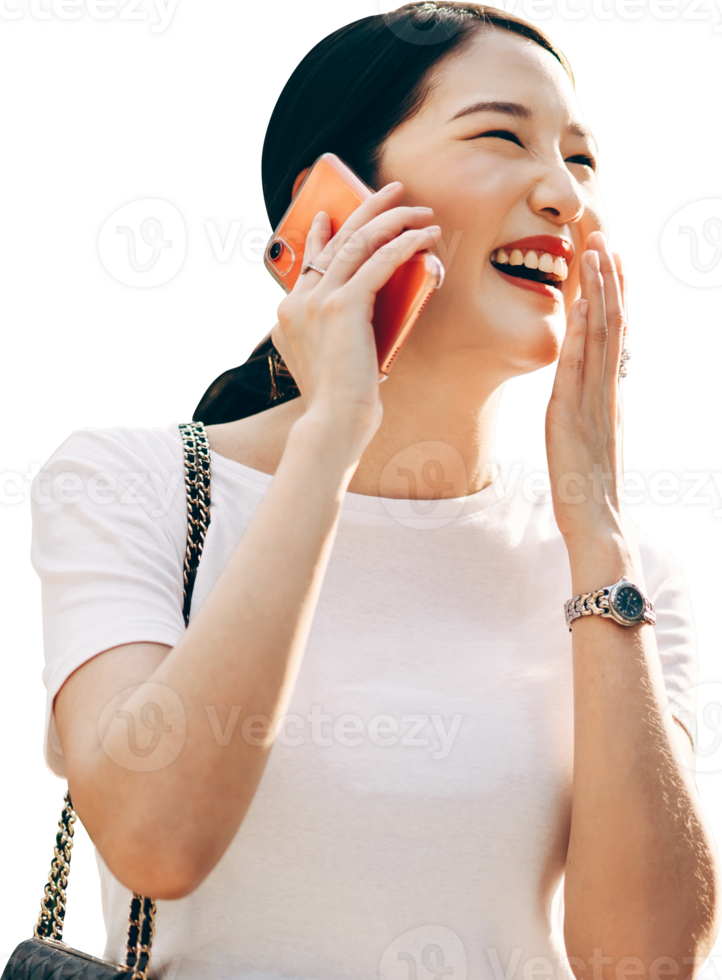 Asian business single woman using mobile phone gossip news with friend isolated transparent background png