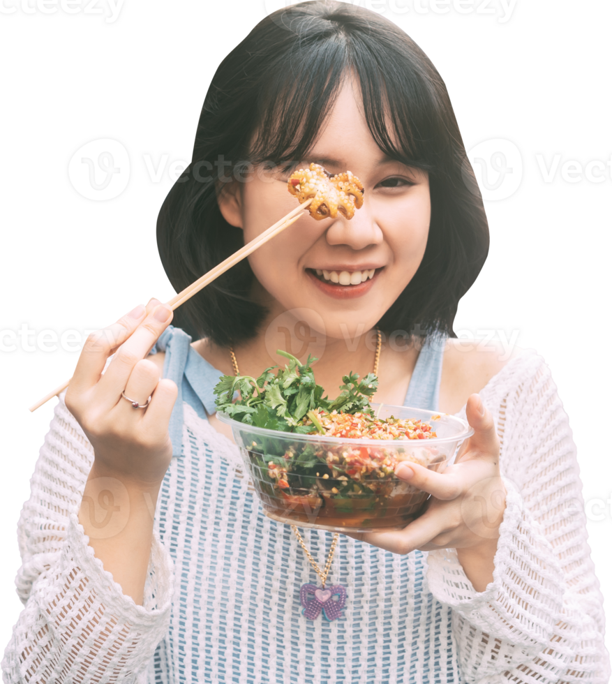 Asian foodie woman traveler eating spicy food thai menu  isolated transparent background png