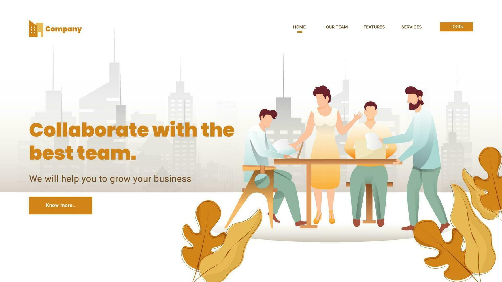 Collaborate with the best team concept based landing page design with business people working together on workplace and city view background. vector