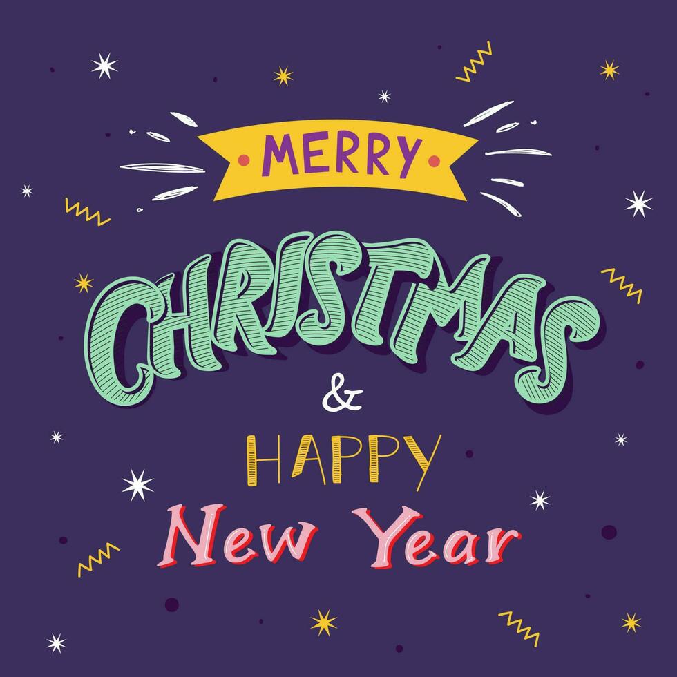 Colorful Merry Christmas and Happy New Year Text with Stars on Purple Background. vector