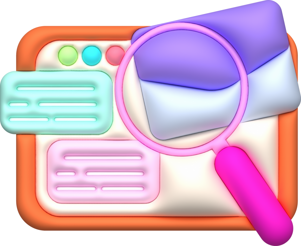 illustration 3d. Magnifying glass on tablet. The concept of searching for email work file information png