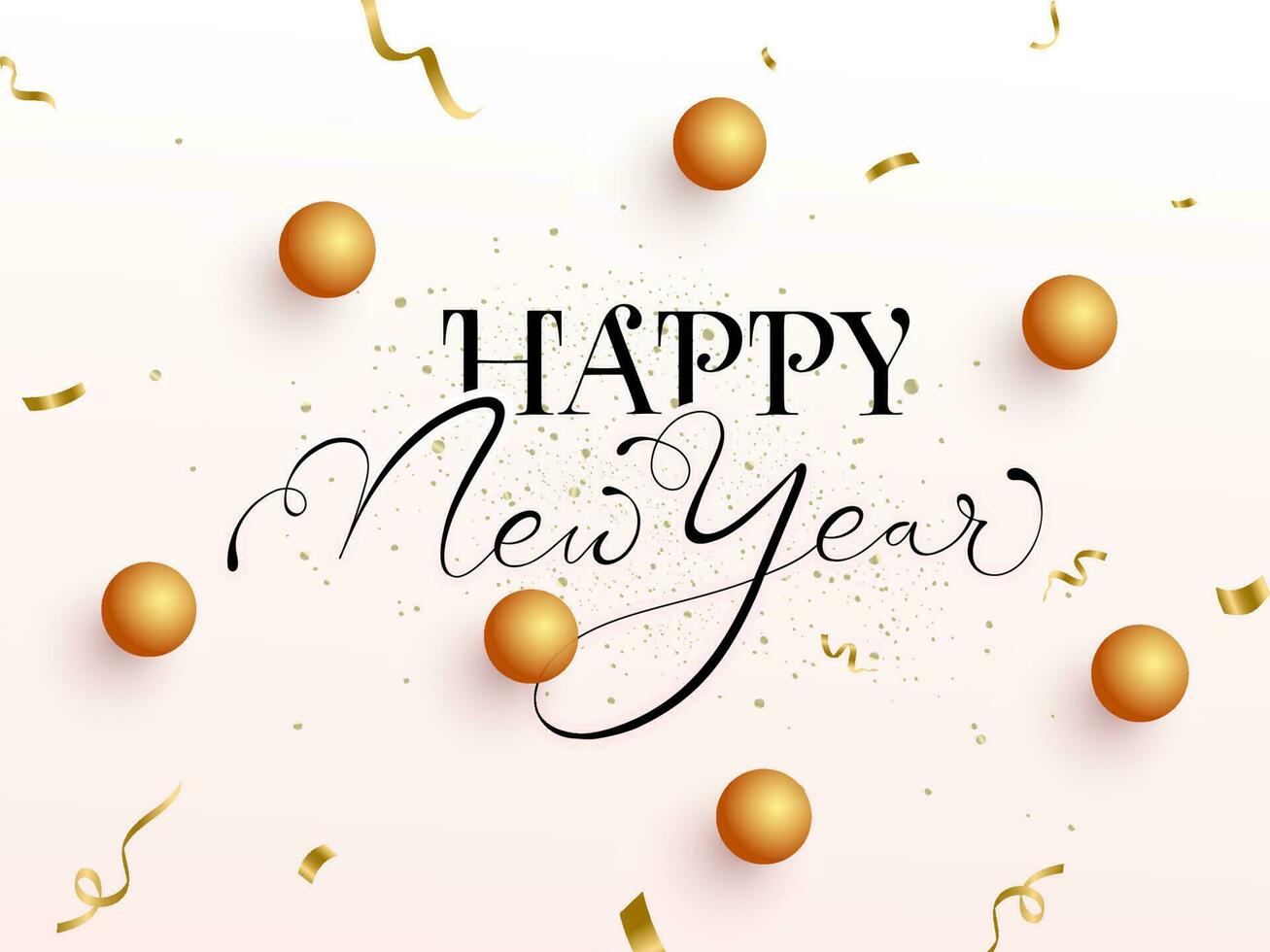 negro caligrafía de contento nuevo año texto con 3d dorado esferas y papel picado cinta decorado en ligero rosado antecedentes. vector