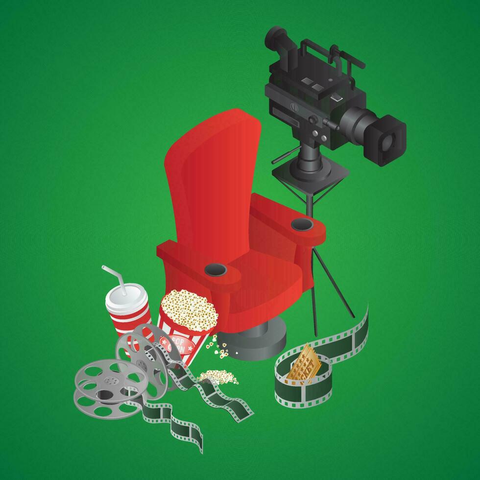 3D director chair with video camera, film reel, soft drink and popcorn on green background. vector